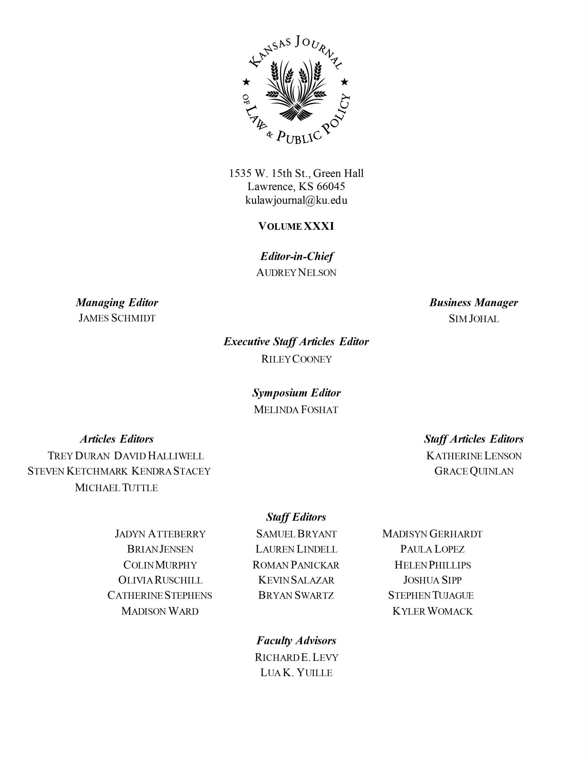 Volume 31 Masthead Staff insert; text from image provided below
